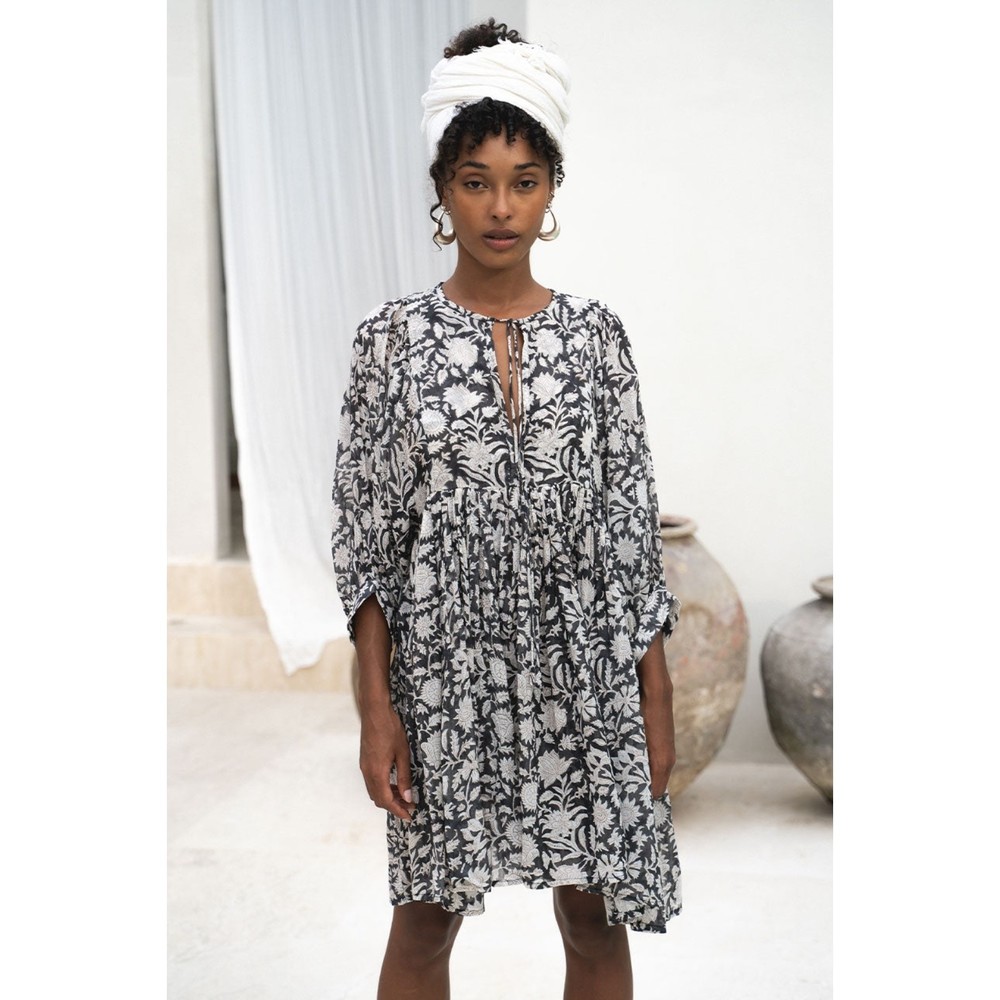 Daughters of India Black and White Floral Mini Dress